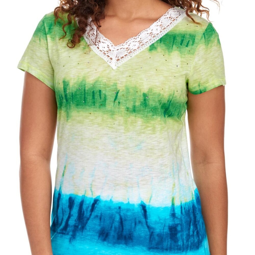 ONQUE CASUALS Tie Dye Stripe Print Lace Trim Tee S
